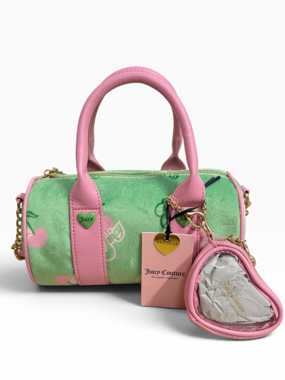 Juicy Couture Retro Cherry Mini Barrel Bag Green Pink Velour Y2K NWT Crossbody